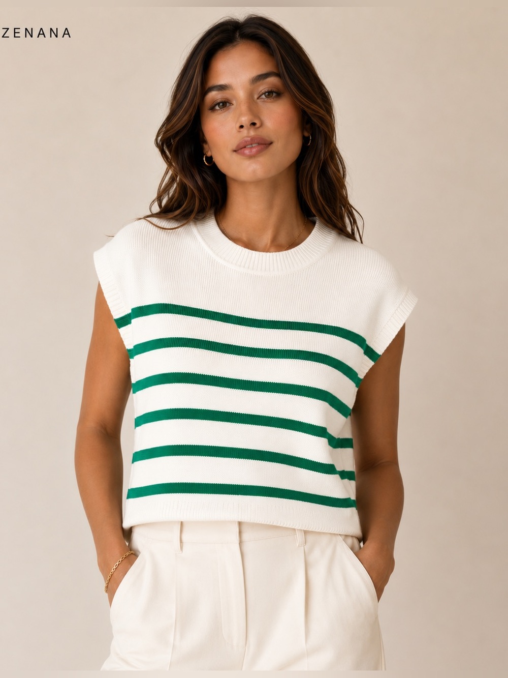 Zenana Oversized Striped Sweater‎ Vest Medium Green White Crew Neck Knit Top